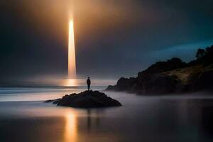 a man stands on a rock in front of a light at the end of a tunnel. AI-Generated photo