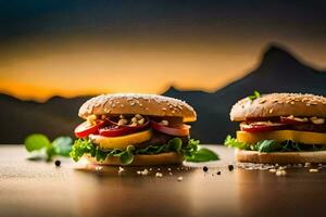 two hamburgers with tomatoes and lettuce on a table. AI-Generated photo