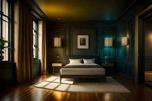 un dormitorio con oscuro madera pisos y un cama. generado por ai foto