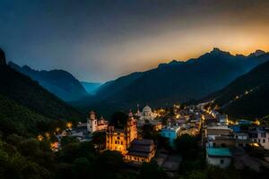 foto fondo de pantalla el cielo, montañas, el ciudad, el aldea, el iglesia, el montañas,. generado por ai