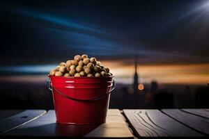 a bucket of peanuts on a table in front of a city skyline. AI-Generated photo