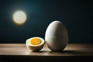 an egg and a half of an egg on a table. AI-Generated photo