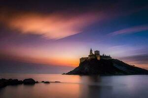 a castle sits on top of a hill overlooking the ocean. AI-Generated photo