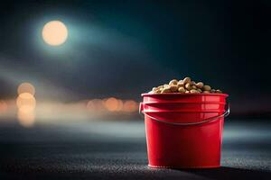 a red bucket filled with peanuts on the road. AI-Generated photo