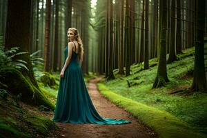 a beautiful woman in a long blue dress standing in the middle of a forest. AI-Generated photo