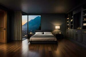 a bedroom with a view of the mountains. AI-Generated photo