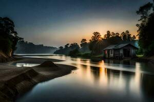 a small house sits on the bank of a river at sunset. AI-Generated photo