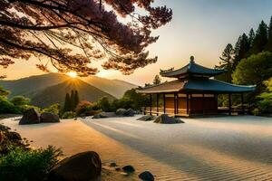 el japonés jardín en el puesta de sol. generado por ai foto