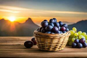 grapes in a basket on a table with mountains in the background. AI-Generated photo