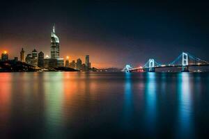 el ciudad luces son reflejado en el agua. generado por ai foto