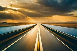 un largo autopista con Dom rayos brillante mediante el nubes generado por ai foto