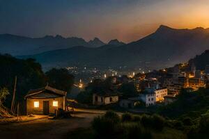 a village at sunset in the mountains. AI-Generated photo