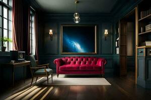 a dark room with a red couch and a painting. AI-Generated photo