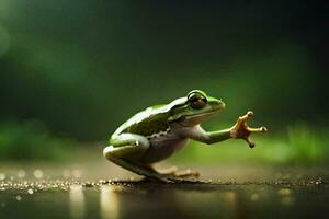 a frog is standing on its hind legs and reaching for something. AI-Generated photo