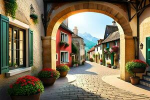 a street with a stone archway and flower pots. AI-Generated photo