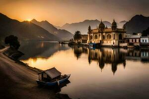 a boat sits on the water in front of a building. AI-Generated photo