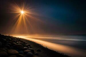 a man stands on the beach at night with a bright light shining down on him. AI-Generated photo