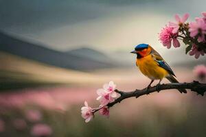 a colorful bird sits on a branch in front of pink flowers. AI-Generated photo