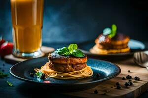 two plates with spaghetti and meatballs on them. AI-Generated photo