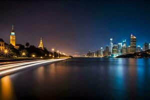 the city skyline at night with lights on. AI-Generated photo