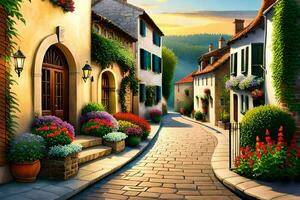 a painting of a street with flowers and plants. AI-Generated photo