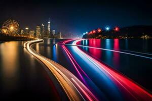 un largo exposición fotografía de un ciudad horizonte a noche. generado por ai foto