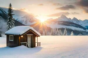 a small cabin sits in the snow with the sun setting. AI-Generated photo
