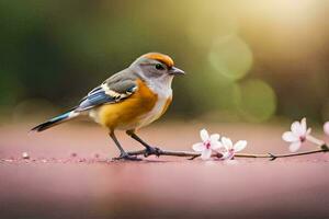 a small bird is standing on a branch with flowers. AI-Generated photo