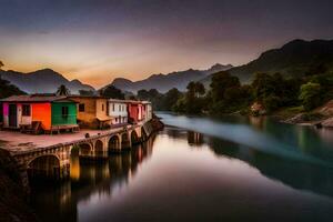 a river with colorful houses and mountains in the background. AI-Generated photo