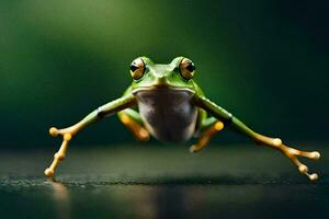 a frog jumping on a dark background. AI-Generated photo