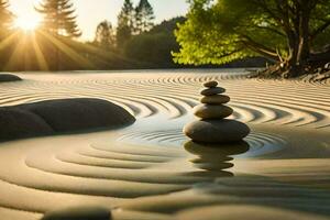 a stack of stones in the sand at sunset. AI-Generated photo