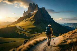 un hombre con un mochila camina en un camino en el montañas. generado por ai foto