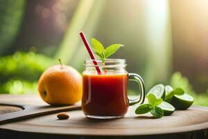 a glass jar with an orange drink and mint leaves. AI-Generated photo