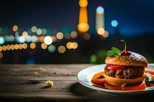 a burger with tomato and cheese on a plate with a cityscape in the background. AI-Generated photo