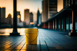 un amarillo Cubeta se sienta en el acera en frente de un ciudad. generado por ai foto