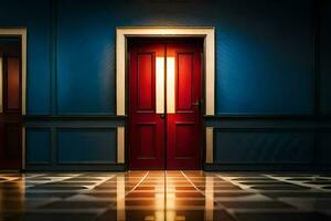 two red doors in a dark room. AI-Generated photo