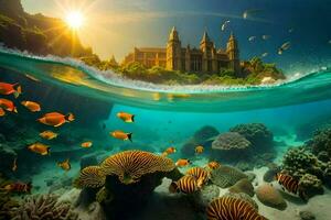 a castle under the sea with fish and coral. AI-Generated photo