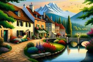 a painting of a village with a bridge and flowers. AI-Generated photo