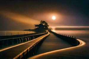 un largo muelle con un Luna en el cielo. generado por ai foto