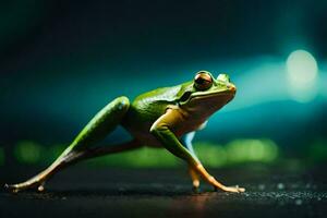 a frog is standing on its legs in the dark. AI-Generated photo