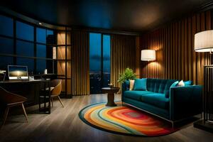 a hotel room with a colorful rug and a couch. AI-Generated photo