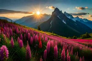 el Dom sube terminado el montañas y flores en el primer plano. generado por ai foto