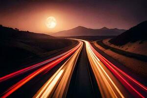 a long exposure photo of a highway at night. AI-Generated