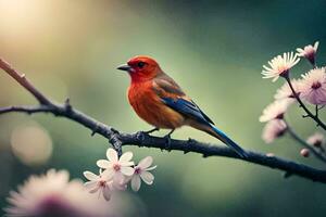 a red bird is sitting on a branch with flowers. AI-Generated photo