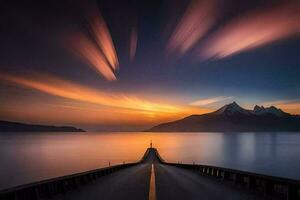 a long exposure photograph of a road leading to a mountain. AI-Generated photo