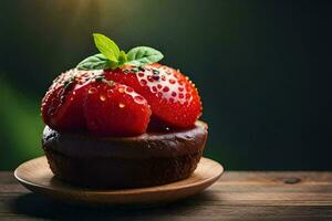 a strawberry on top of a chocolate cake. AI-Generated photo