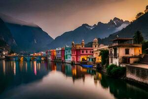 colorful houses line the river in front of mountains. AI-Generated photo