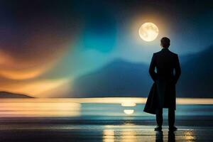 a man in a trench coat stands on the beach looking at the moon. AI-Generated photo