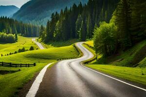 a winding road in the mountains with green grass and trees. AI-Generated photo