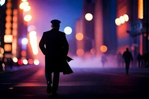 un hombre en un traje camina abajo un ciudad calle a noche. generado por ai foto